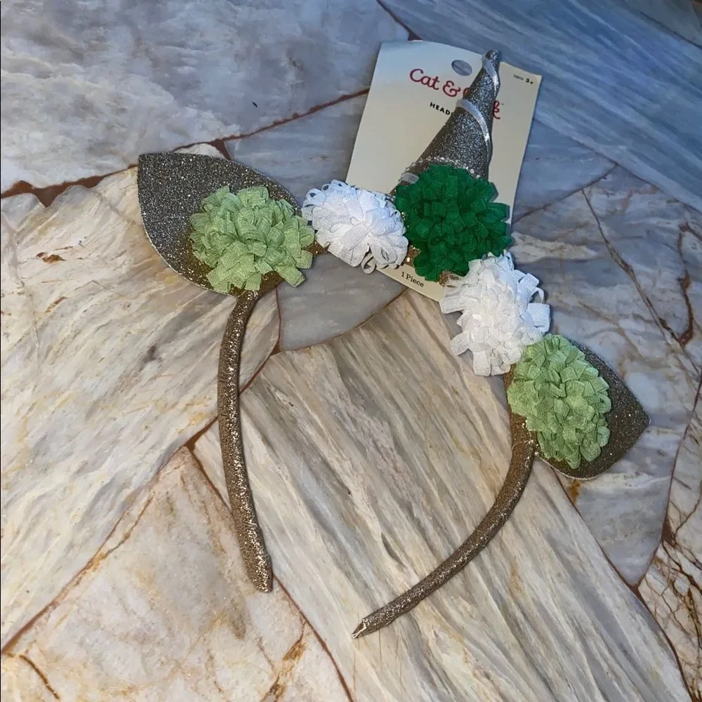 Cat & Jack Girls Gold Glitter Unicorn Headband Green‎ White Floral 217 07 3191